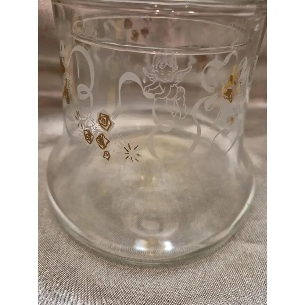 VTG Xmas Glass Bell Shaped Lidded Candy Dish Ribbons Roses Gold Bells Cherubs 7”